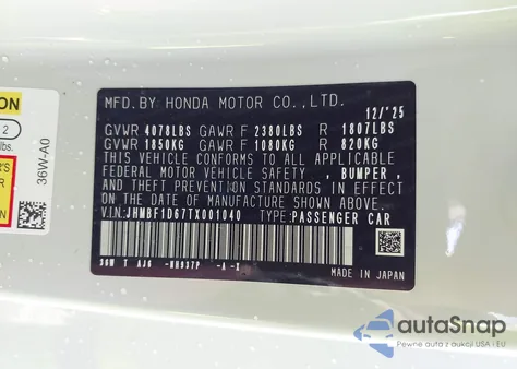 2026 Honda Prelude z USA, uszkodzony, nr VIN JHMBF1D67TX001040